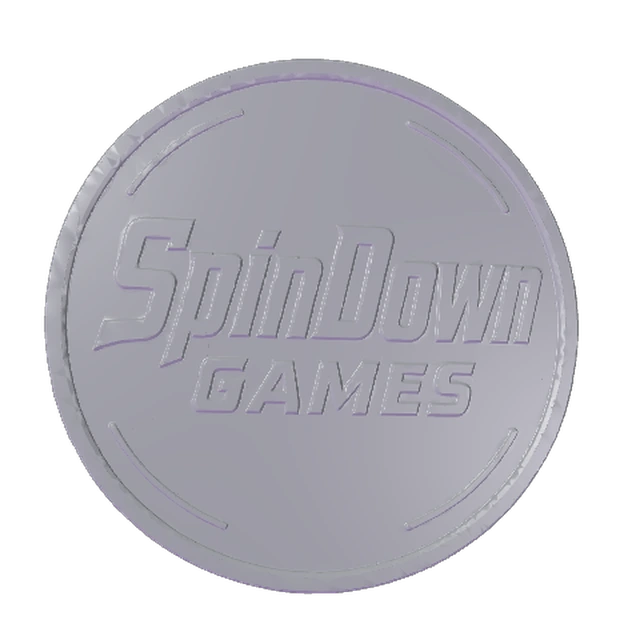 Silver SpinDownGames coin with raised lettering and rim.