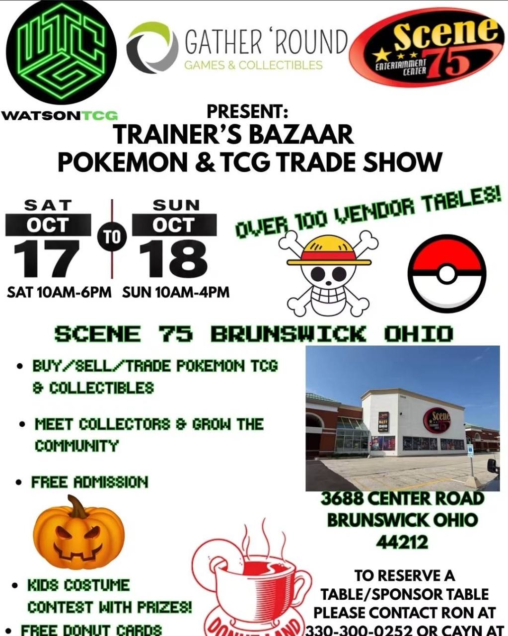 Trainer’s Bazaar Pokémon and TCG Trade Show flyer, October 17–18 at Scene75 in Brunswick. Dates, hours, address, and highlights are listed above.